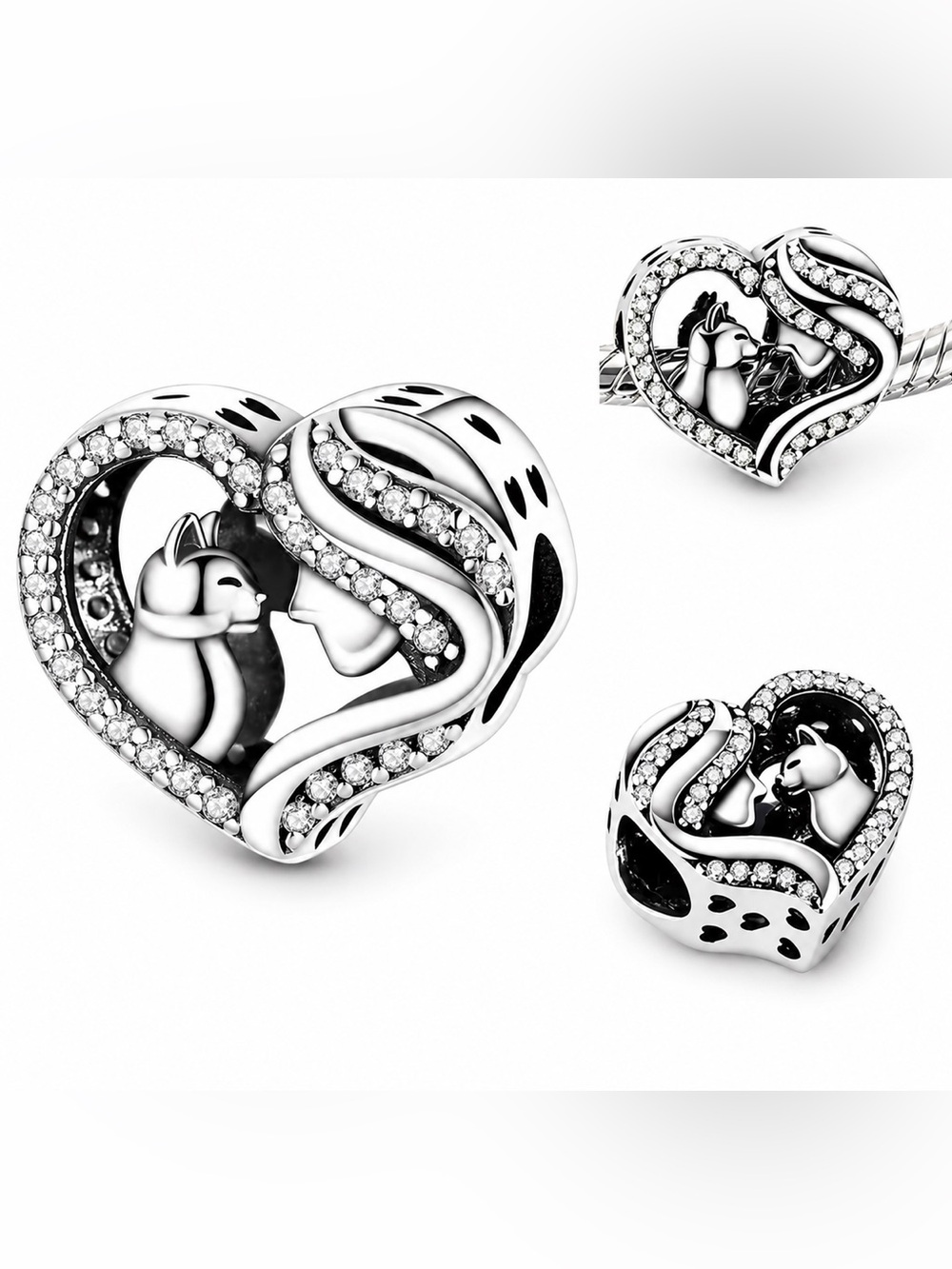 Cat Lover Heart Charm Bead with Clear Stones Fits Snake Chain Bracelet